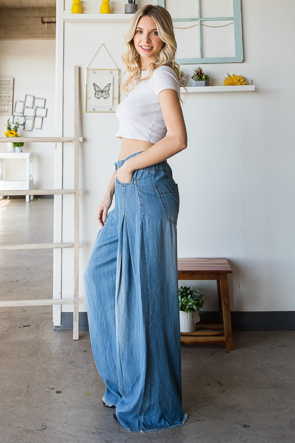 Oli & Hali Pleat Detail Wide Leg Denim Pants