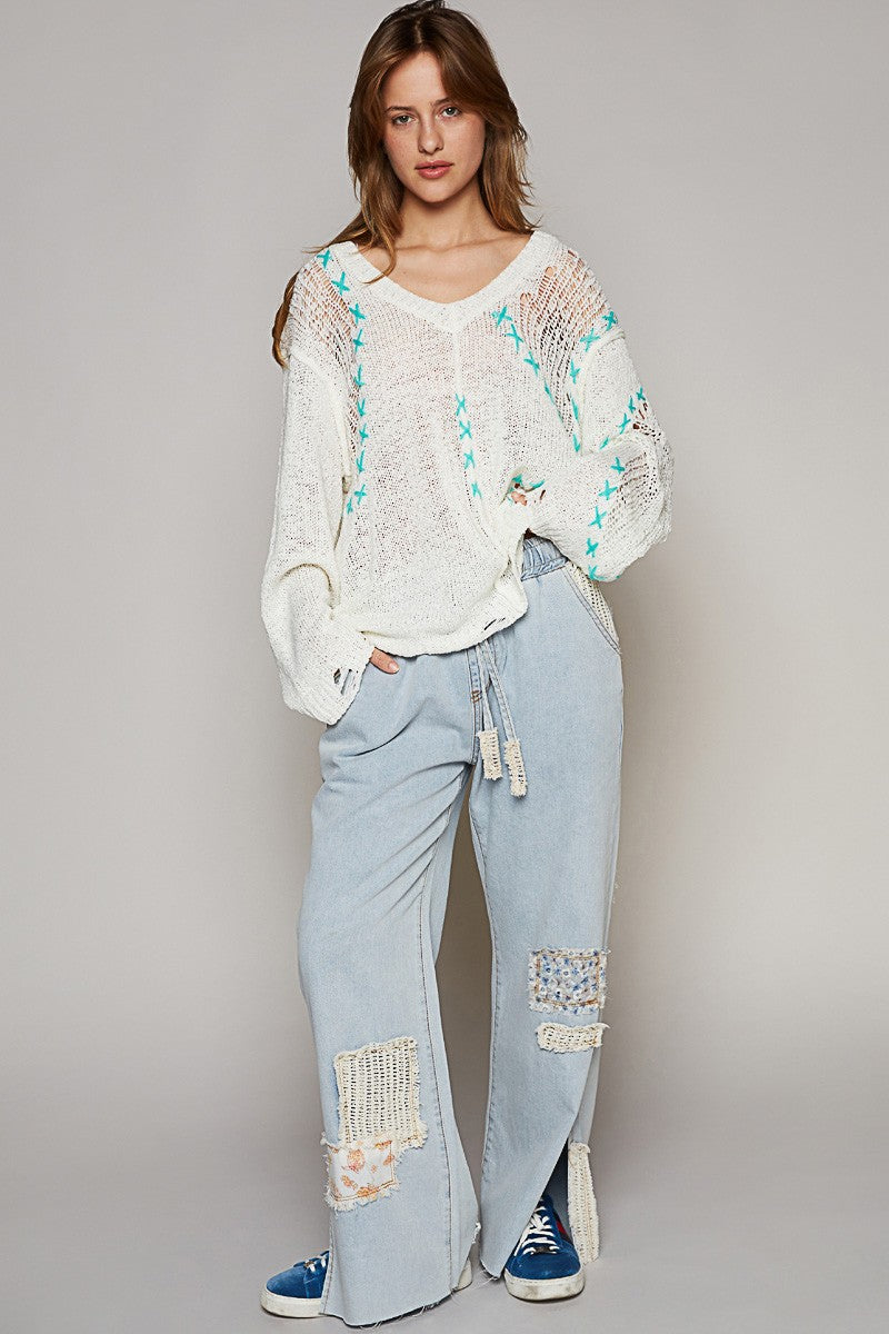 POL Long Sleeve Stitch Distressed V Neck Sweater Top