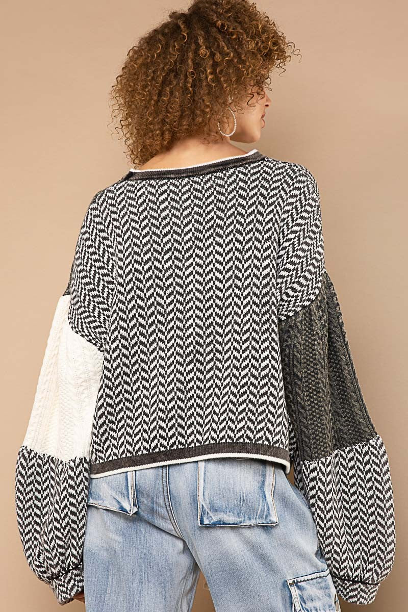 POL Contrast Twisted Weave Chevon Pattern Sweater Top