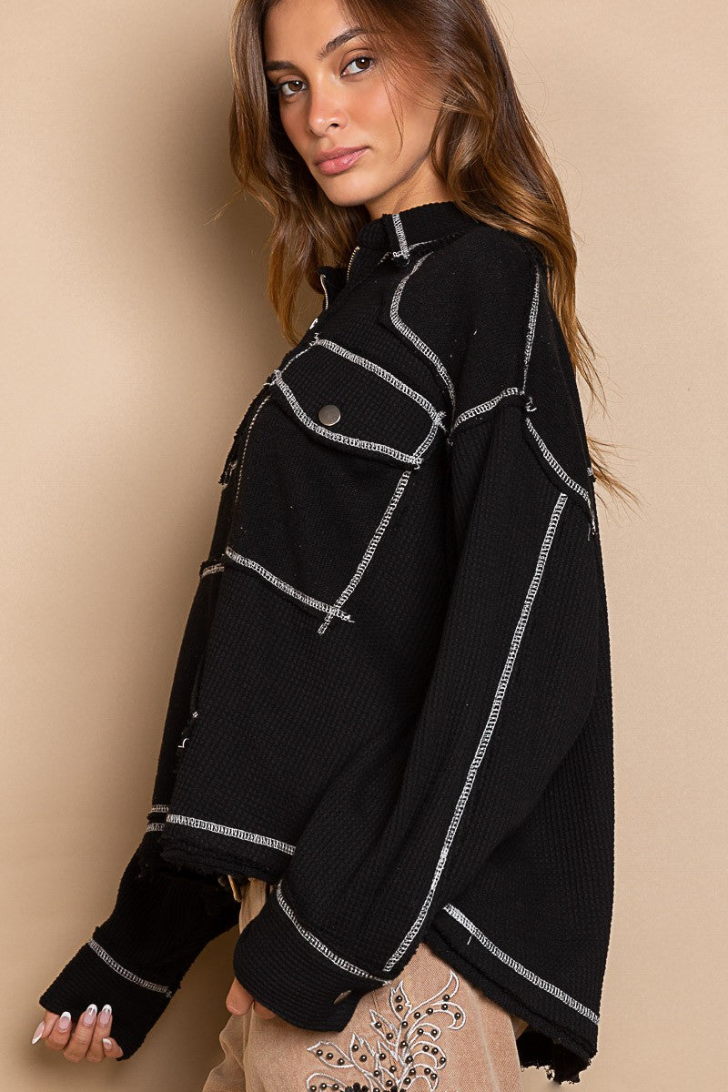 POL Collar Half Zipper Front Kangroo Pocket Knit Top