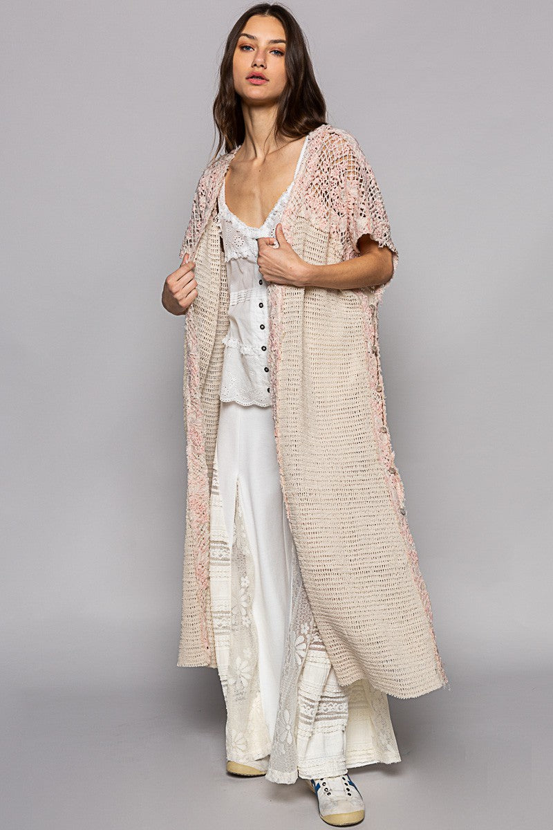 POL Sleeveless Crochet Floral Pattern Long Open Kimono Top
