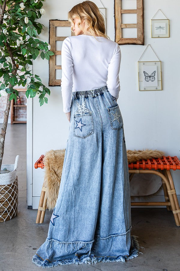 Oli & Hali Star Embroidery Washed Tencel Wide Pants