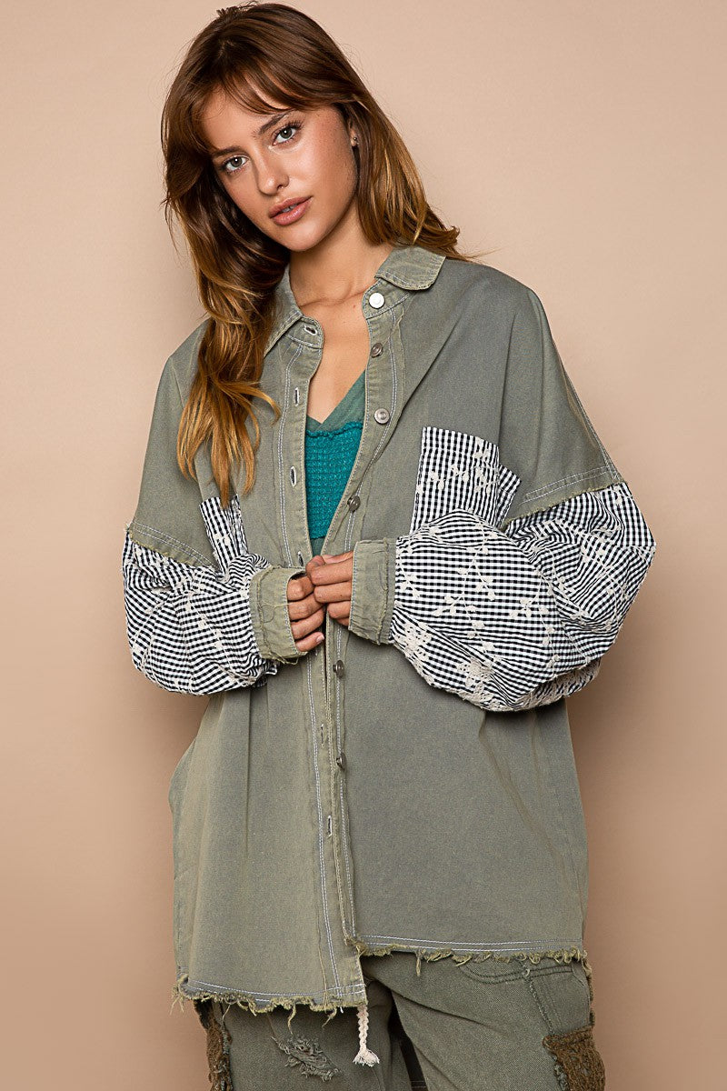 POL Twill Longsleeve Embroidered Check Pattern Raglan Top