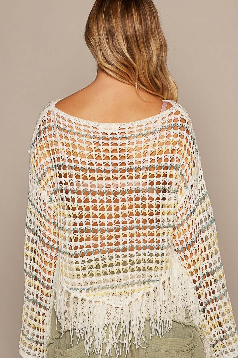POL Oversize Long Sleeve Fringe Stripe Sweater Top
