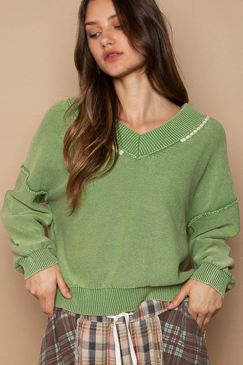 POL Vintage Wash V Neck Classic Solid Pullover Sweater Top