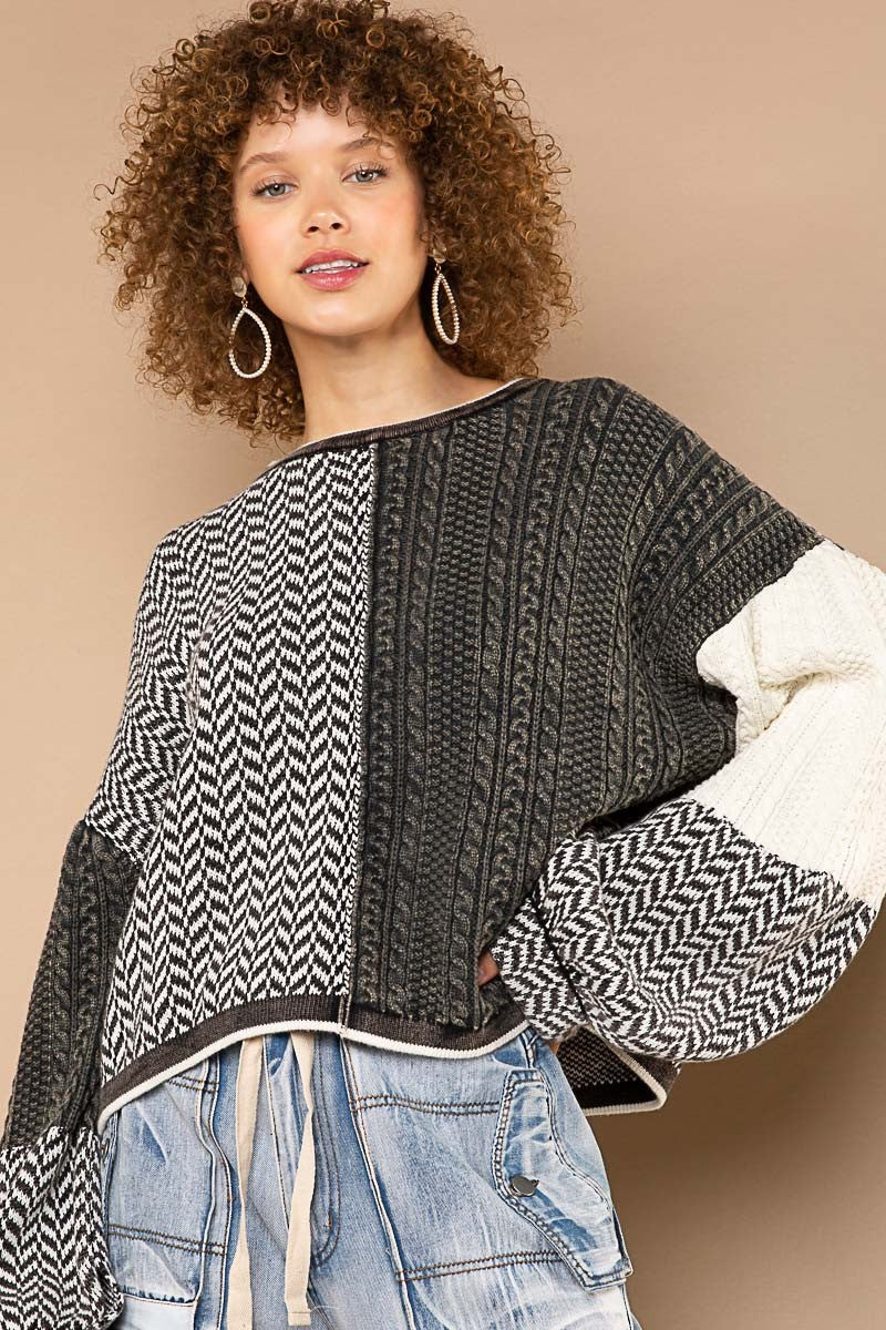 POL Contrast Twisted Weave Chevon Pattern Sweater Top