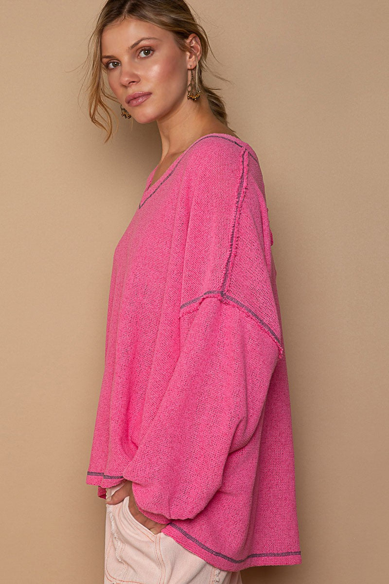 POL Oversize Fit Long Sleeve Overlock Detail Knit Top