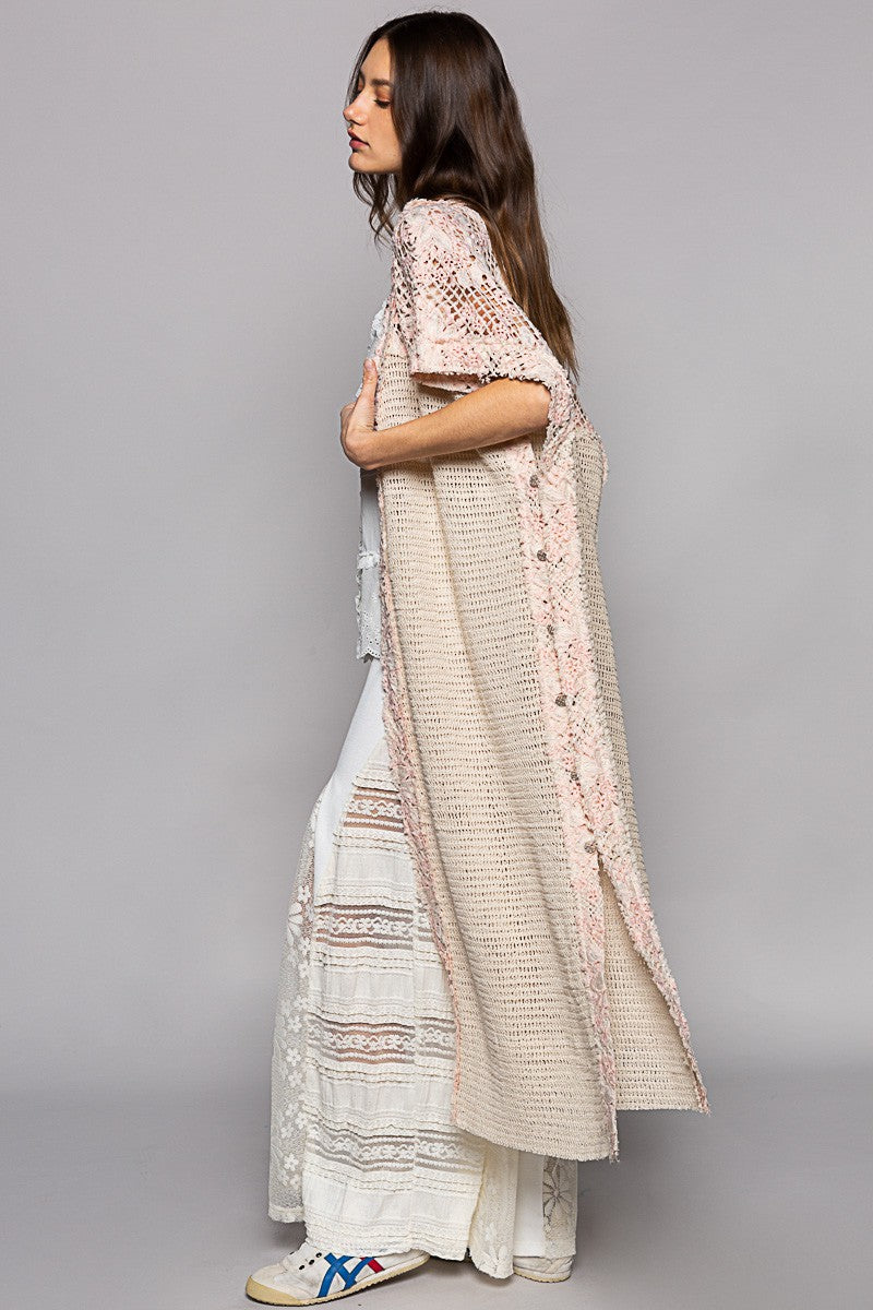 POL Sleeveless Crochet Floral Pattern Long Open Kimono Top