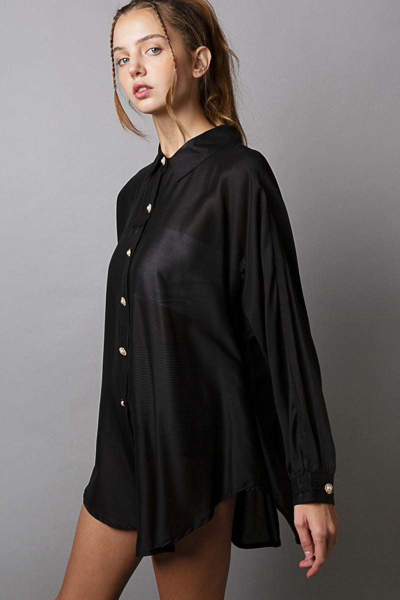 POL Open Back Batwing Long Sleeve Button Down Shirt Top