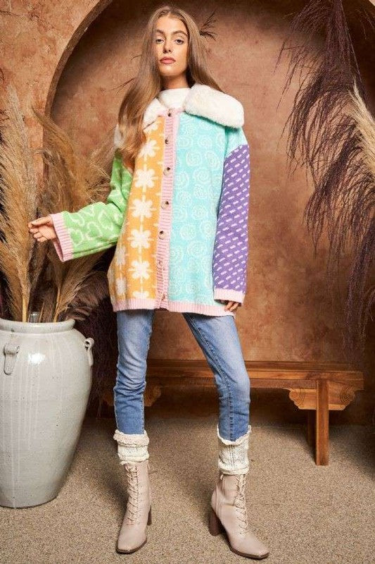 Davi & Dani Faux Fur Collar Mixed Color Block Button Cardigan - Roulhac Fashion Boutique