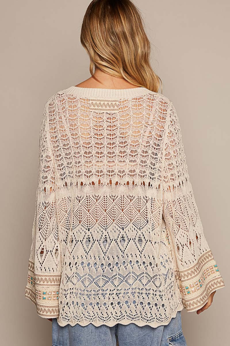 POL Oversize Long Sleeve Front Button Stripe Sweater Top