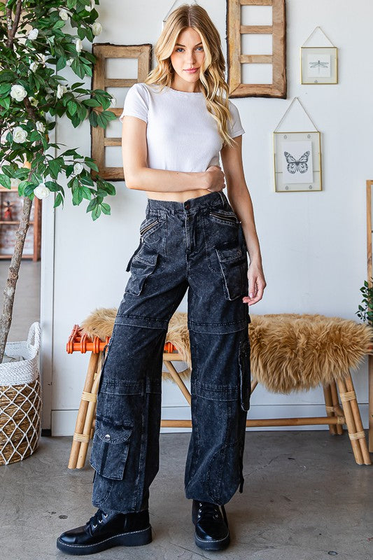 Oli & Hali Black Mineral Washed 11 Pocket Cotton Cargo Pants - Roulhac Fashion Boutique
