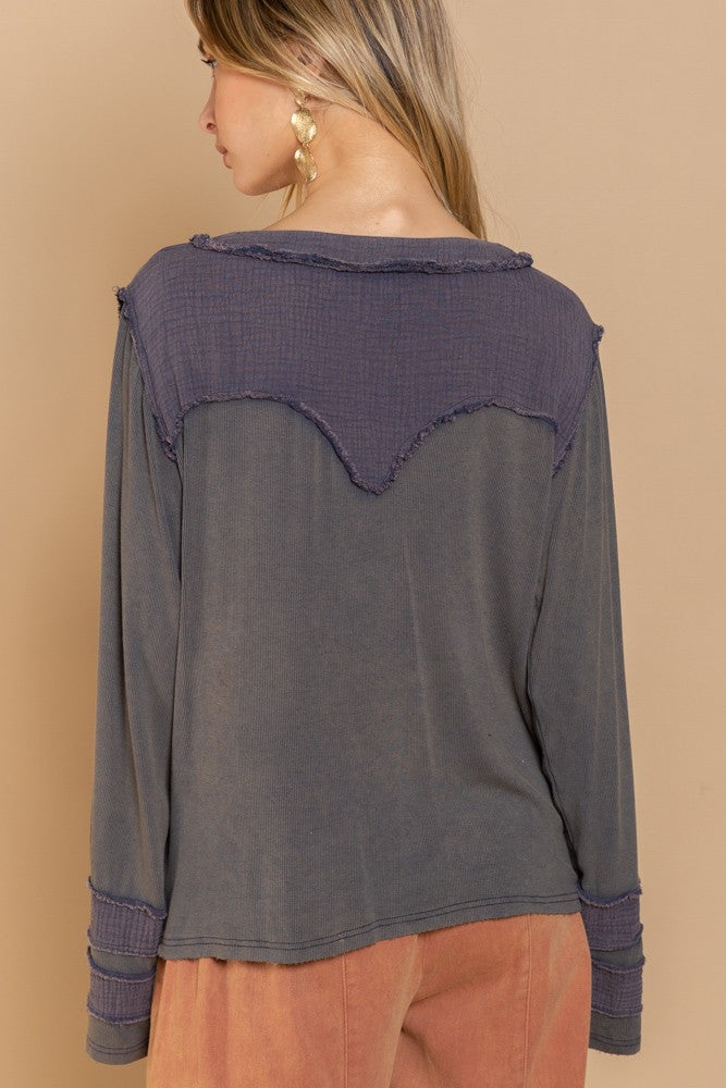 POL Long Sleeve Contrast Gauze Strap Detail Top