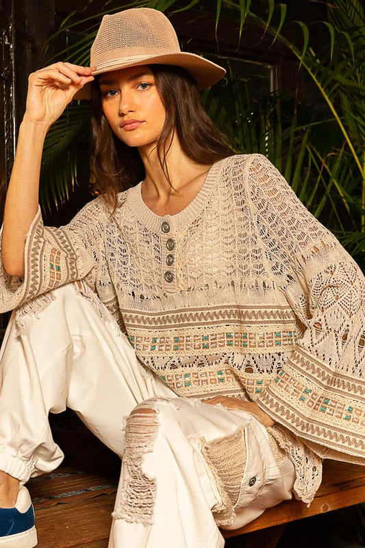 POL Oversize Long Sleeve Front Button Stripe Sweater Top