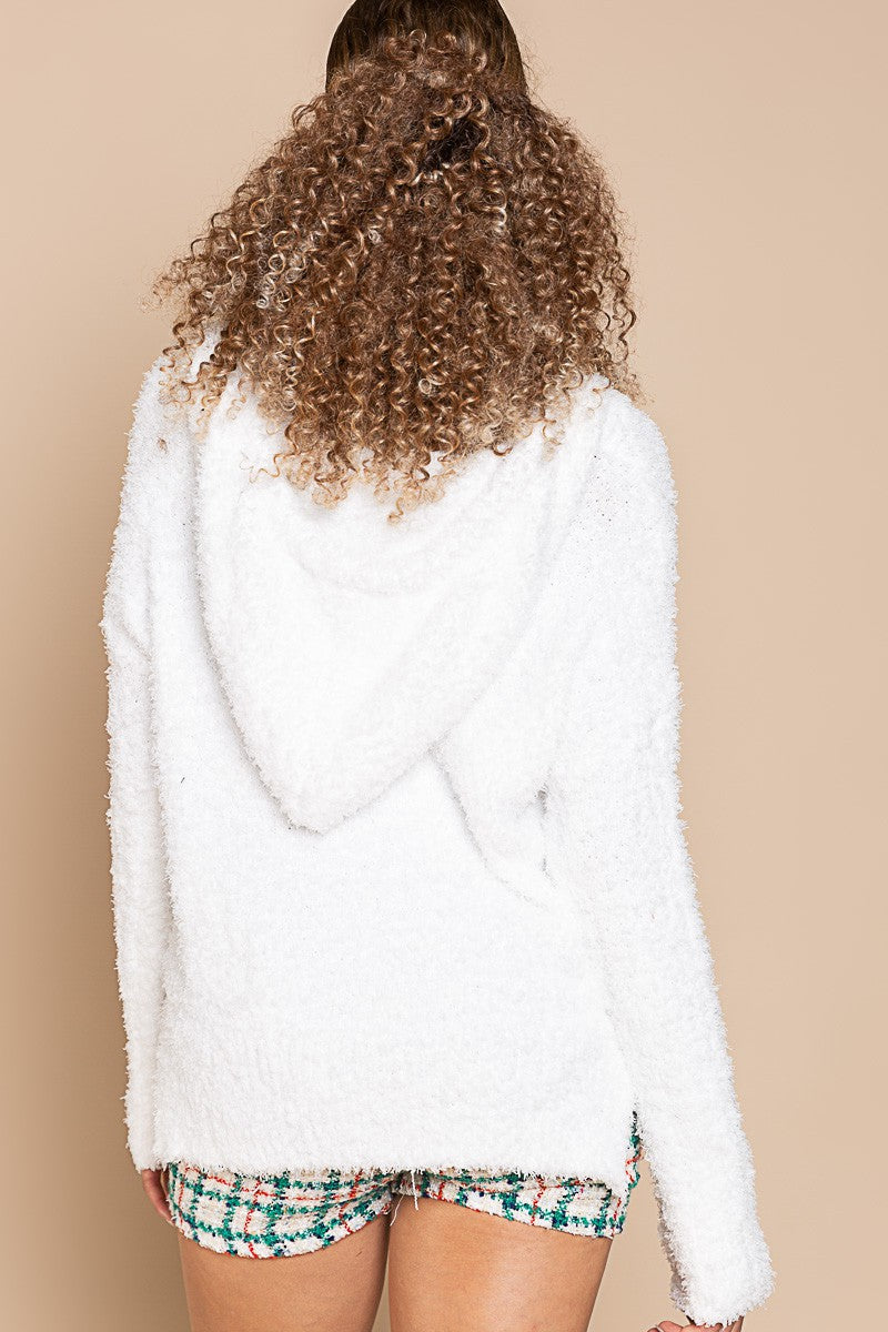 POL Long Sleeve Hooded Berber Fleece V Neck Sweater Top