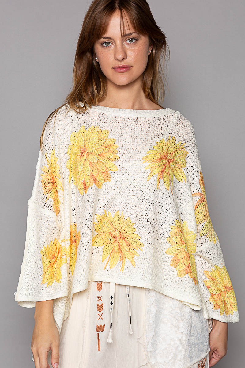 POL Round Neck Flower Print Solid Light Weight Sweater Top