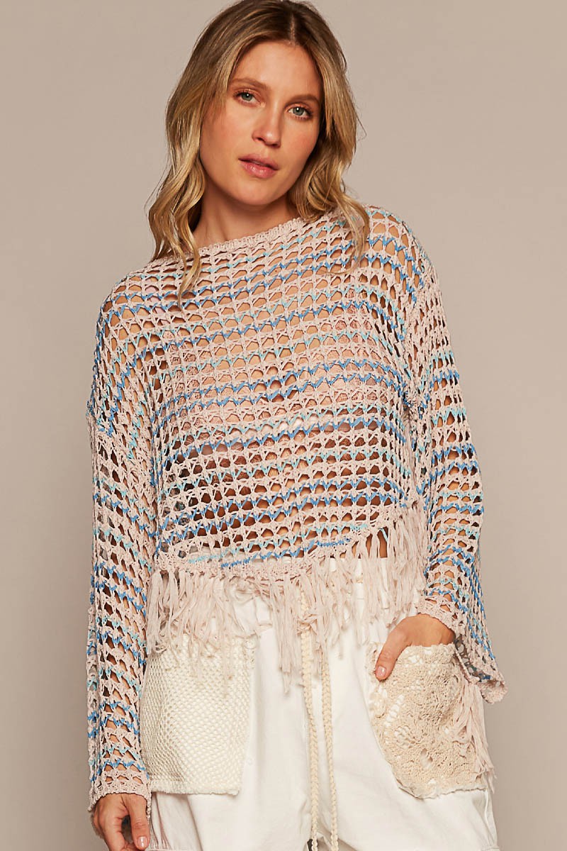 POL Oversize Long Sleeve Fringe Stripe Sweater Top