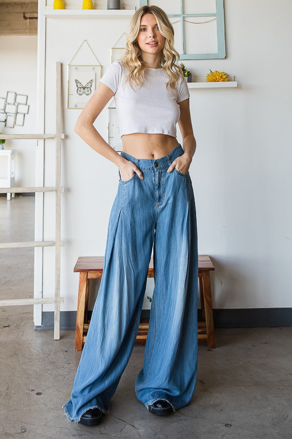 Oli & Hali Pleat Detail Wide Leg Denim Pants