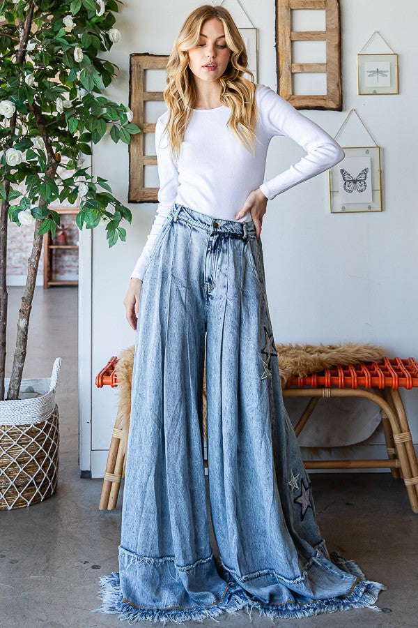 Oli & Hali Star Embroidery Washed Tencel Wide Pants