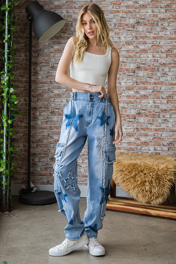 Oli & Hali Star Patched Stretch Denim Cargo Pants