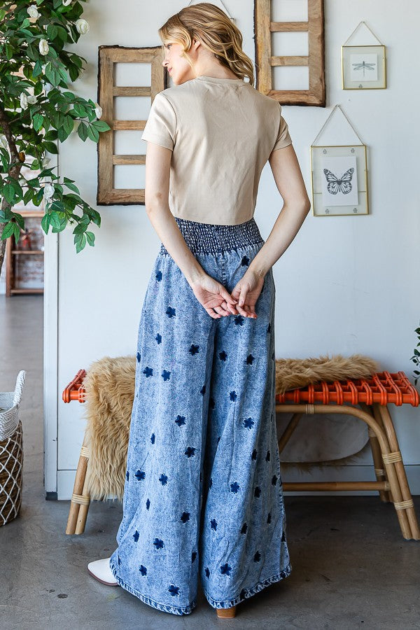 Oli & Hali Washed Embroidered Wide Leg Pants