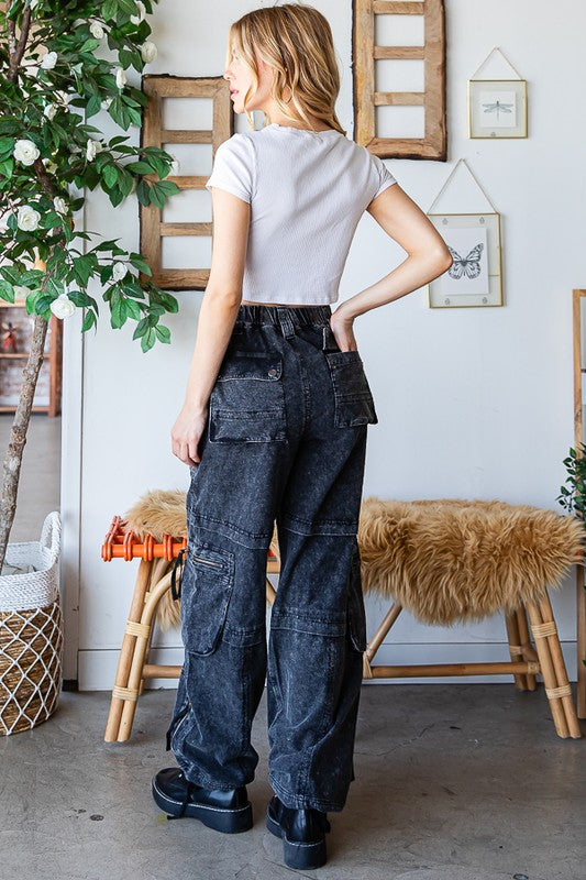 Oli & Hali Black Mineral Washed 11 Pocket Cotton Cargo Pants - Roulhac Fashion Boutique