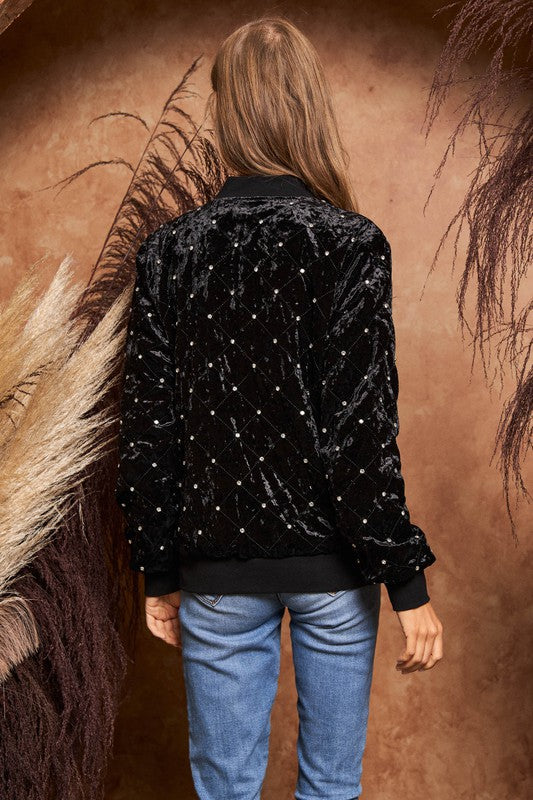 Davi & Dani Quilted Stone Embellished Crushed Velvet Bomber Jacket - Roulhac Fashion Boutique