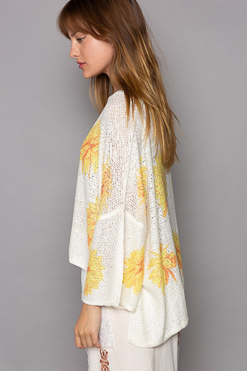 POL Round Neck Flower Print Solid Light Weight Sweater Top