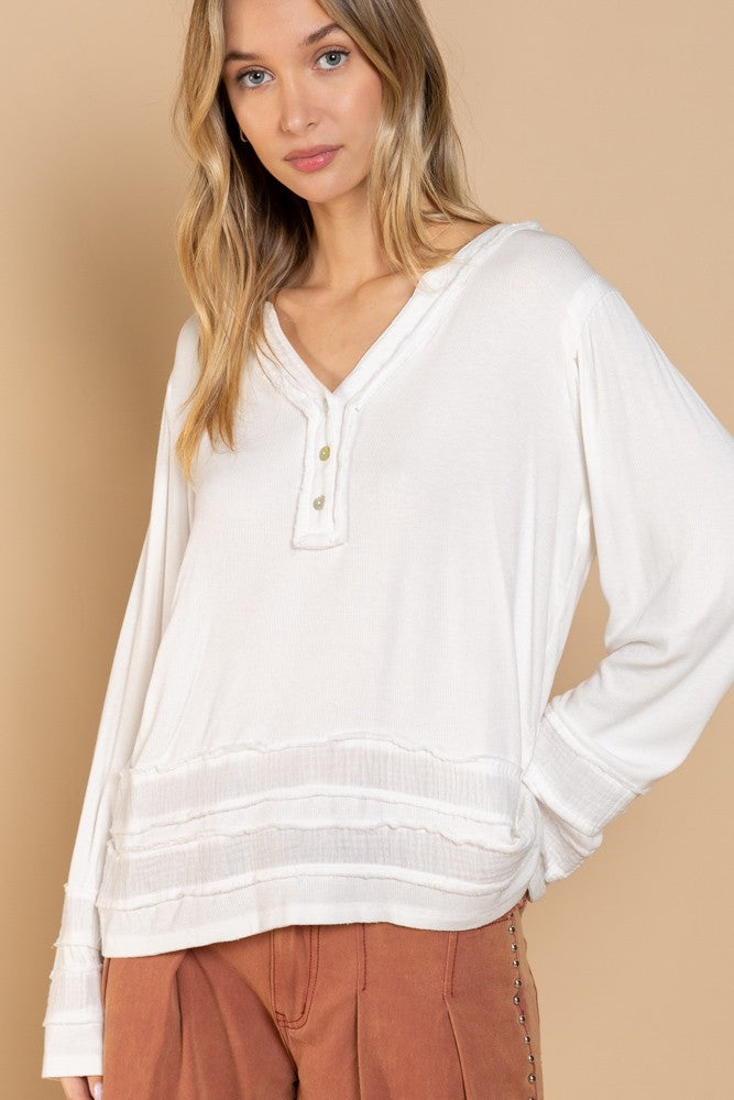 POL Long Sleeve Contrast Gauze Strap Detail Top