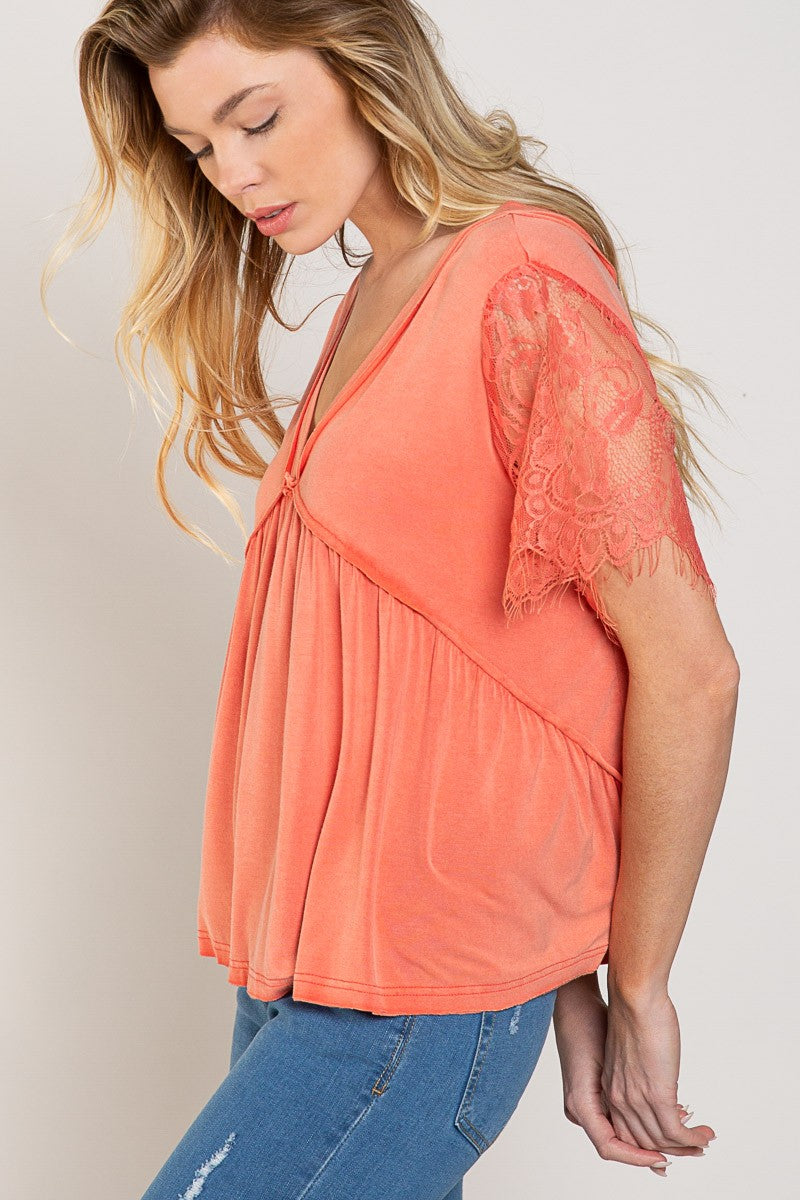 POL Lace Short Sleeve V-Neck Raw Edge Hemline Top