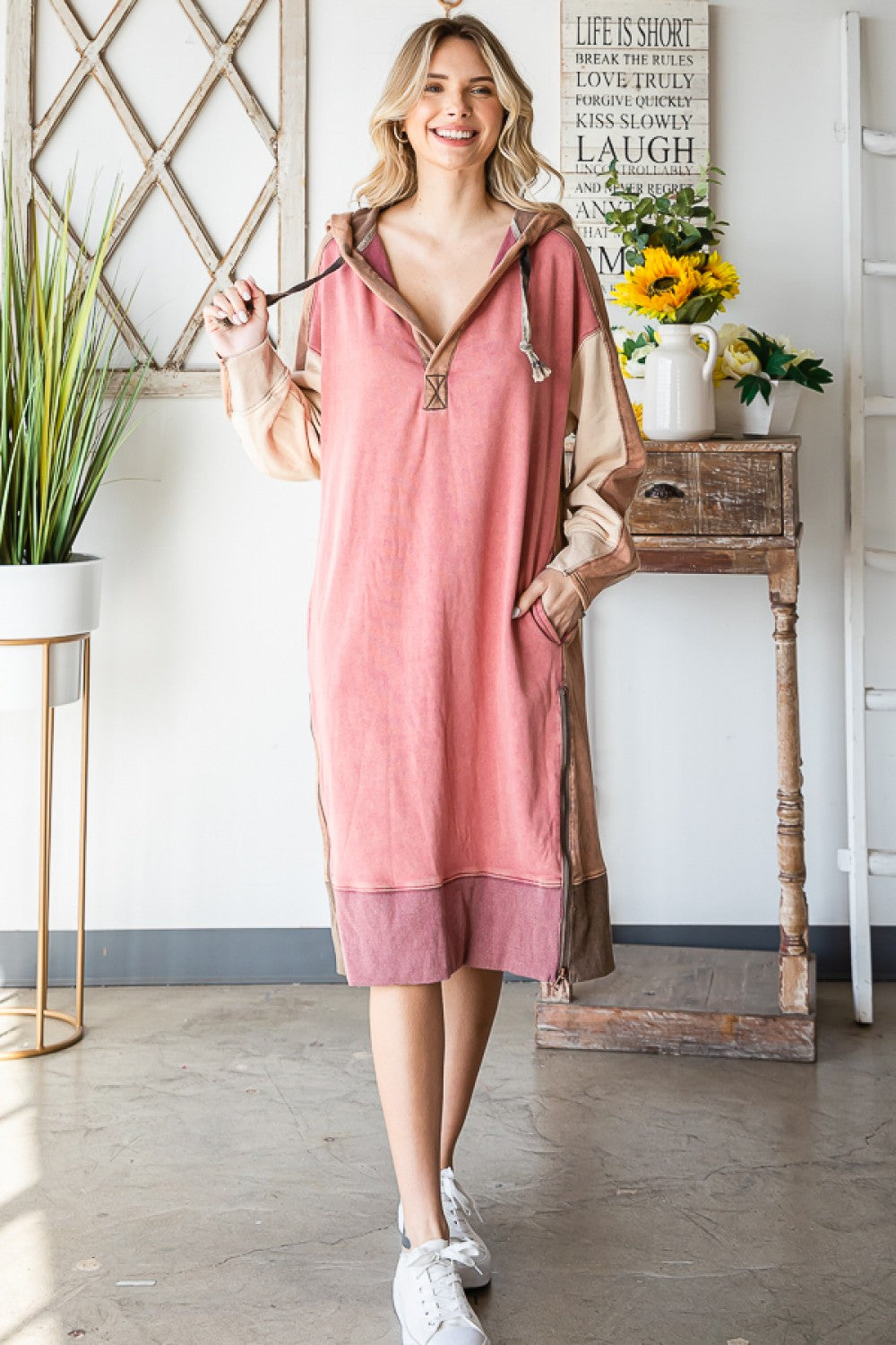 Oli & Hali Mineral Washed Contrast Detail Long Pullover Dress