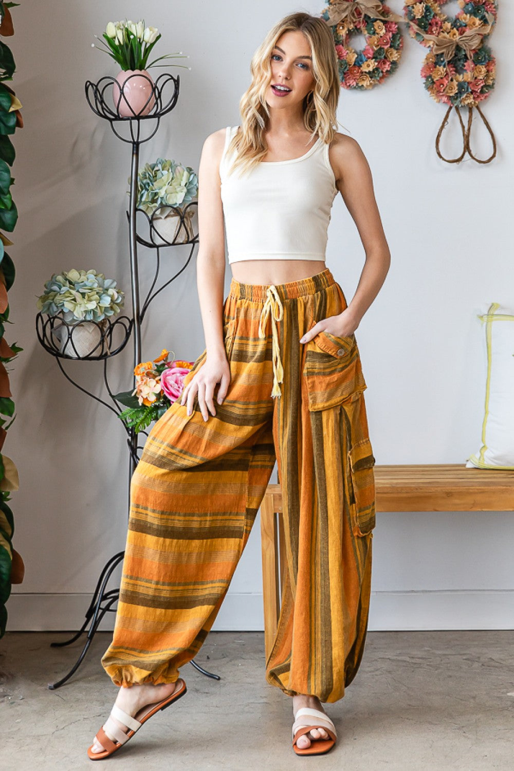 Oli & Hali Washed 3d Pocket Stripe Wide Leg Pants