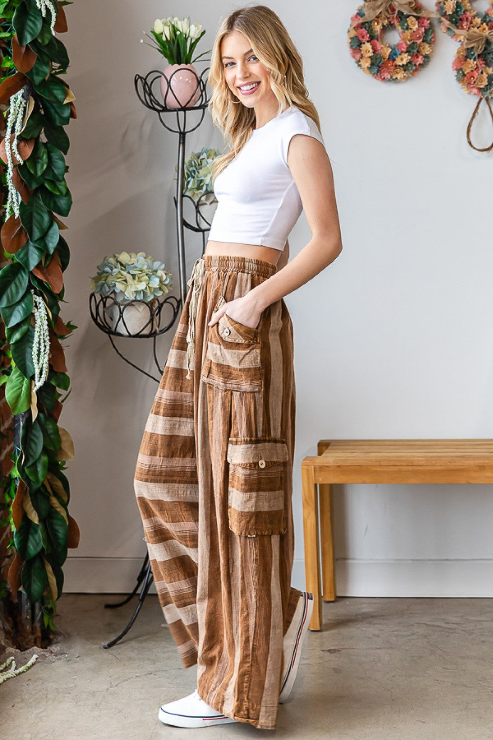 Oli & Hali Washed 3d Pocket Stripe Wide Leg Pants