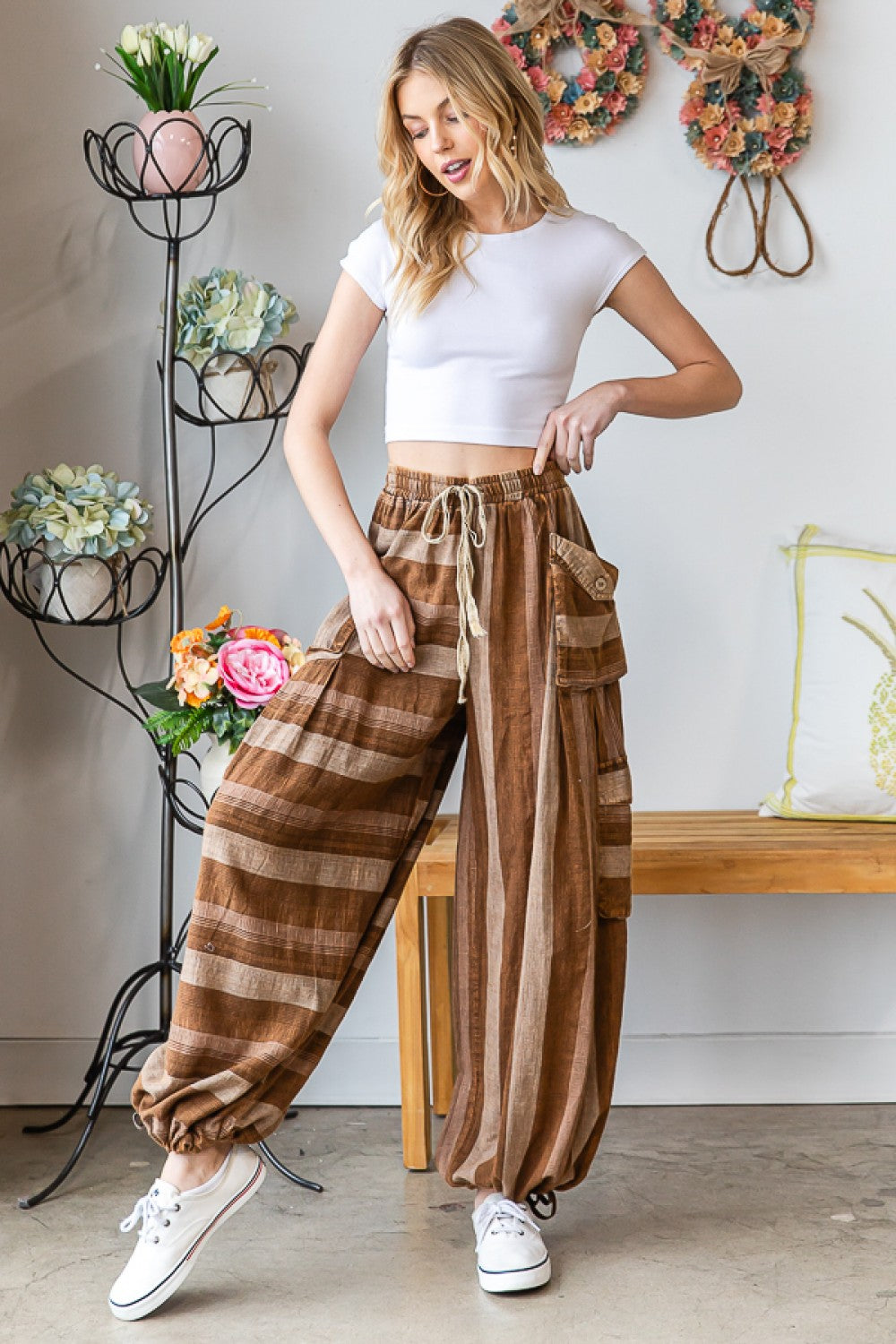 Oli & Hali Washed 3d Pocket Stripe Wide Leg Pants