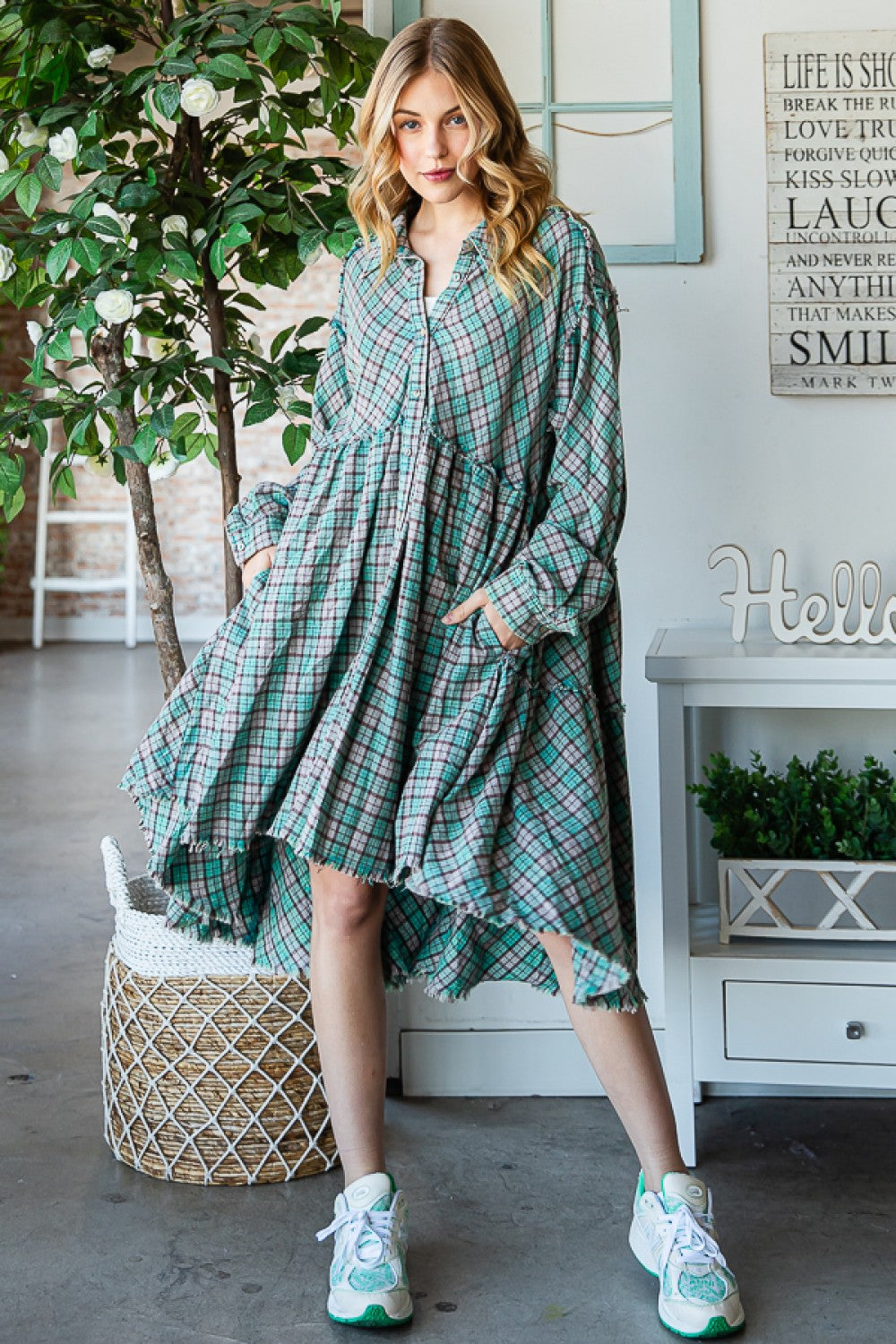 Oli & Hali Mineral Washed Back Tiered Check Plaid Tunic Dress