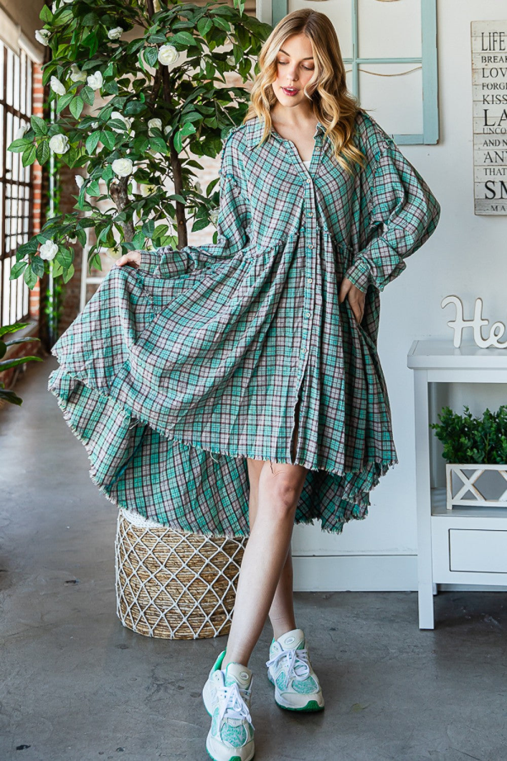 Oli & Hali Mineral Washed Back Tiered Check Plaid Tunic Dress