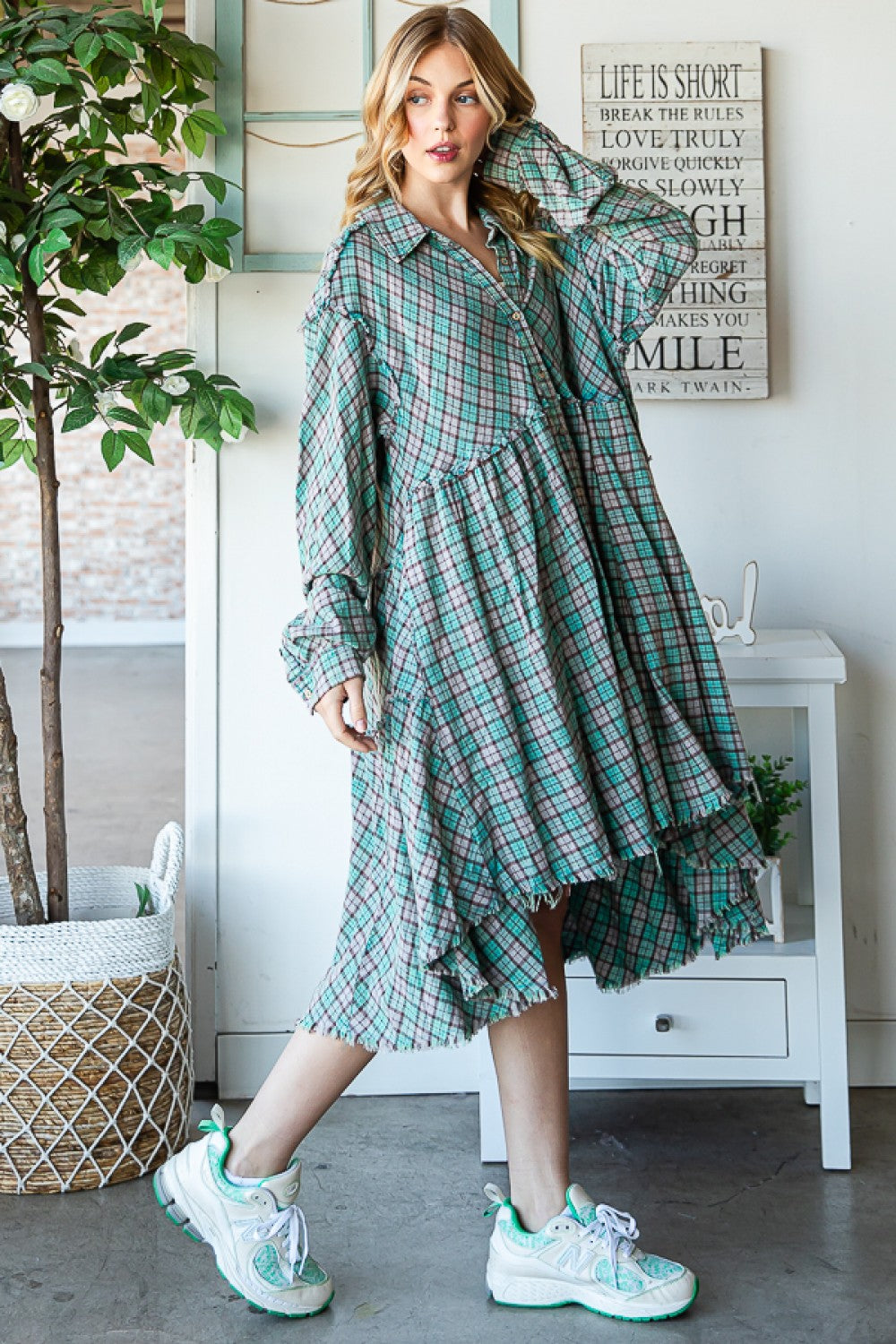 Oli & Hali Mineral Washed Back Tiered Check Plaid Tunic Dress