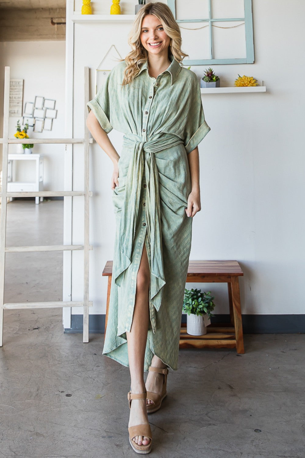 Oli & Hali Washed Short Sleeve Buttondown Longline Shirt Dress