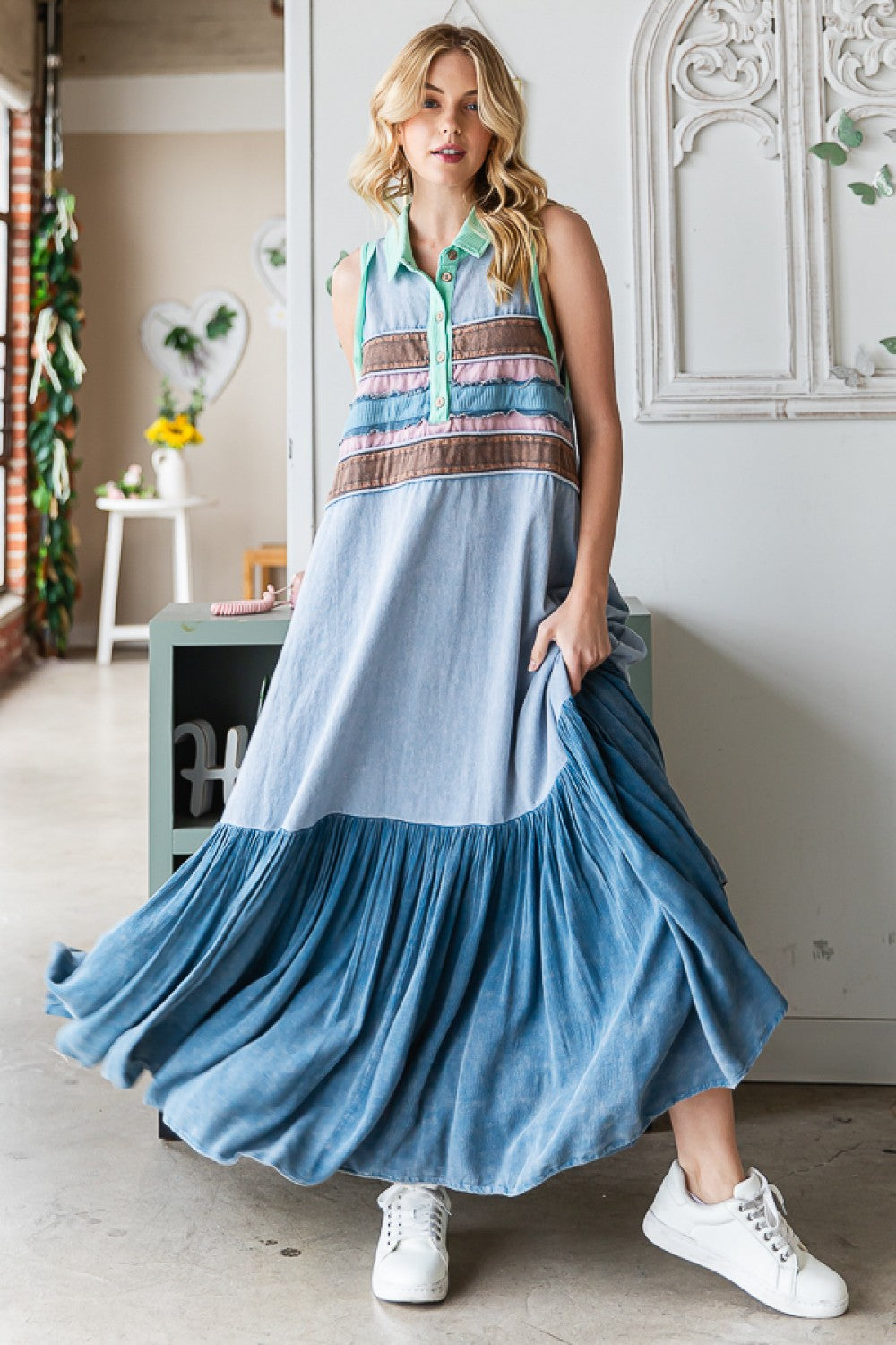 Oli & Hali Washed Fabric Mixed Sleeveless Maxi Dress