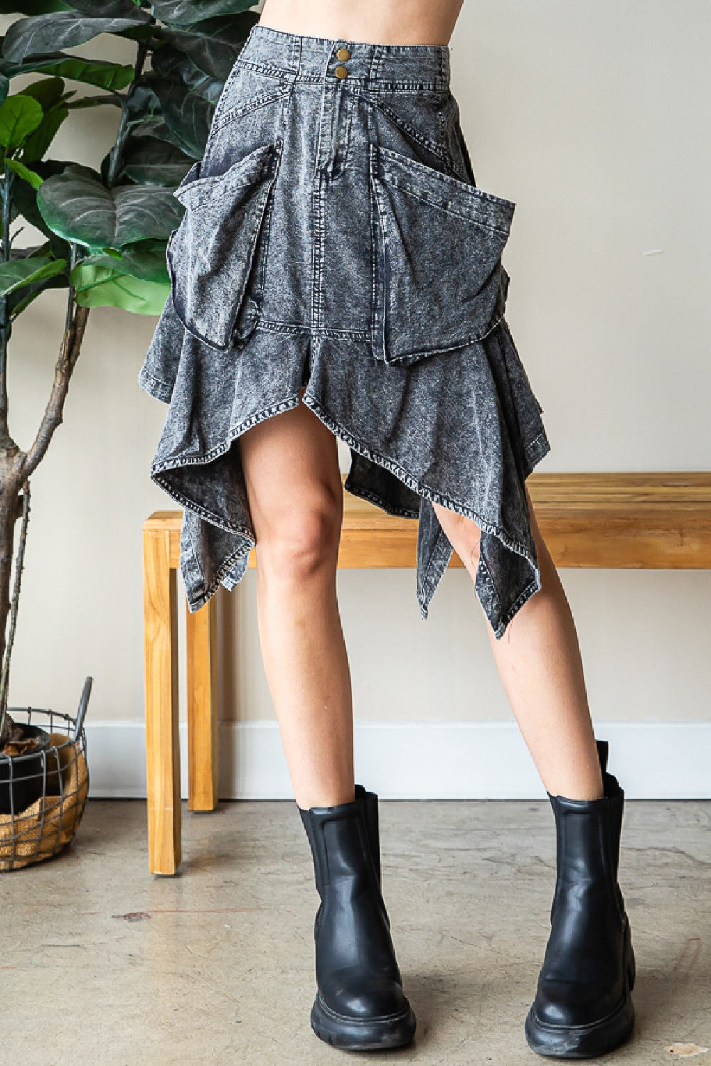 Oli & Hali Washed Uneven Hem Cargo Skirt Pants