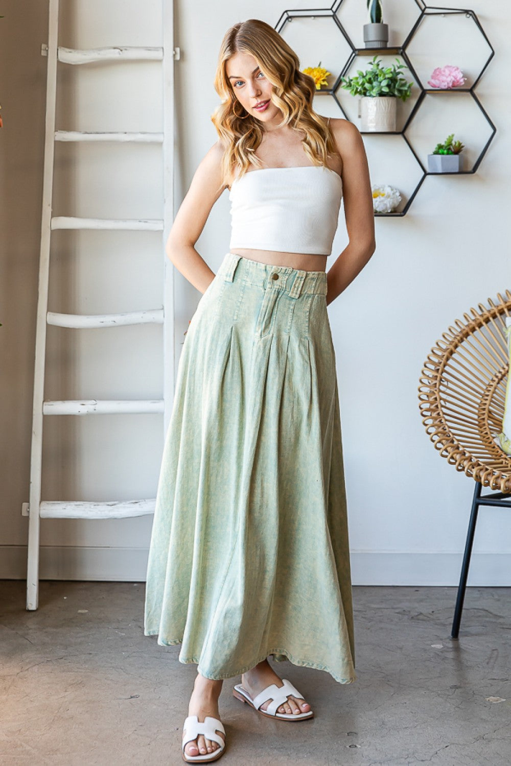 Oli & Hali Washed Pleat Details Maxi Skirt Pants