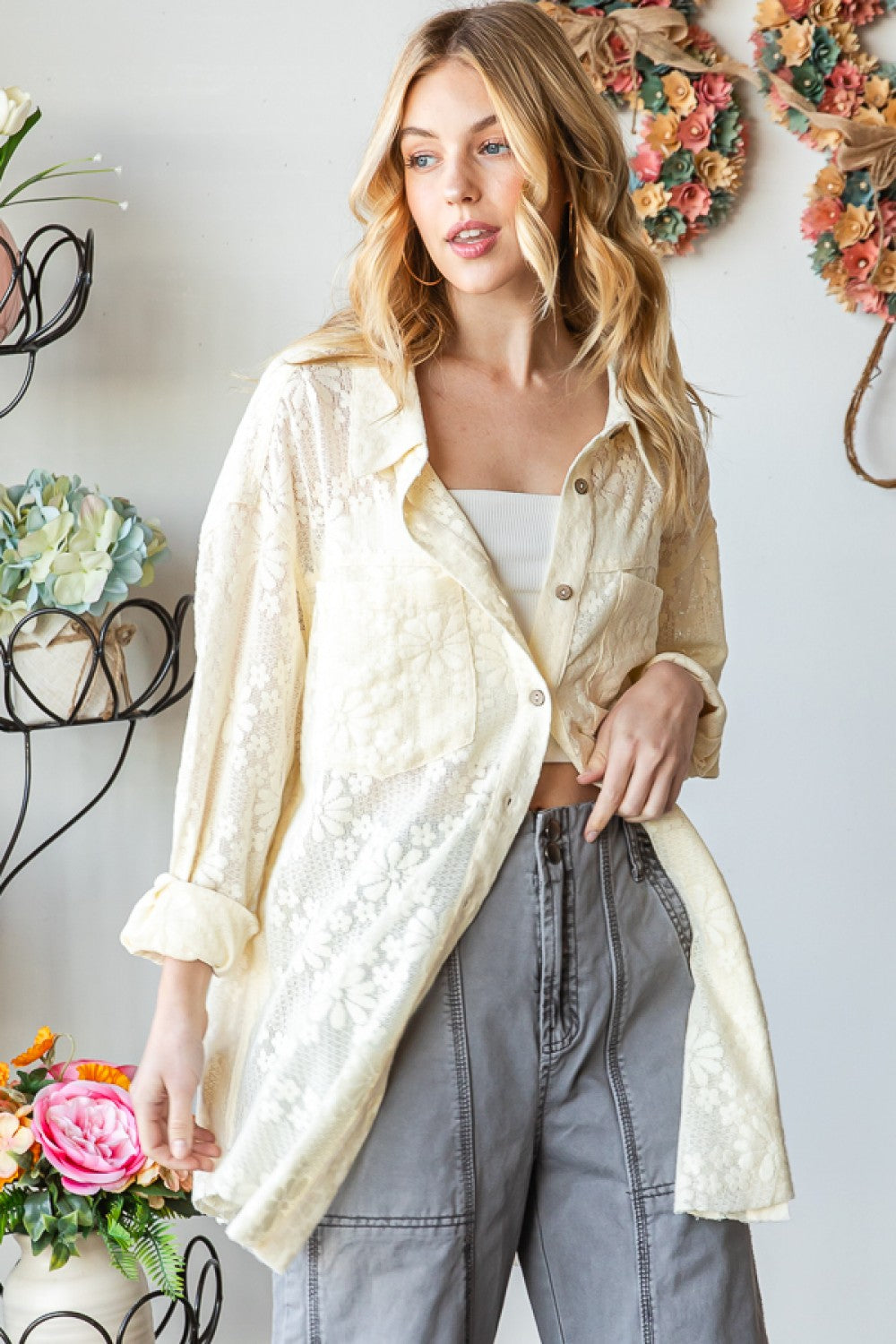 Oli & Hali Mineral Washed Lace Button Front Shirt Top