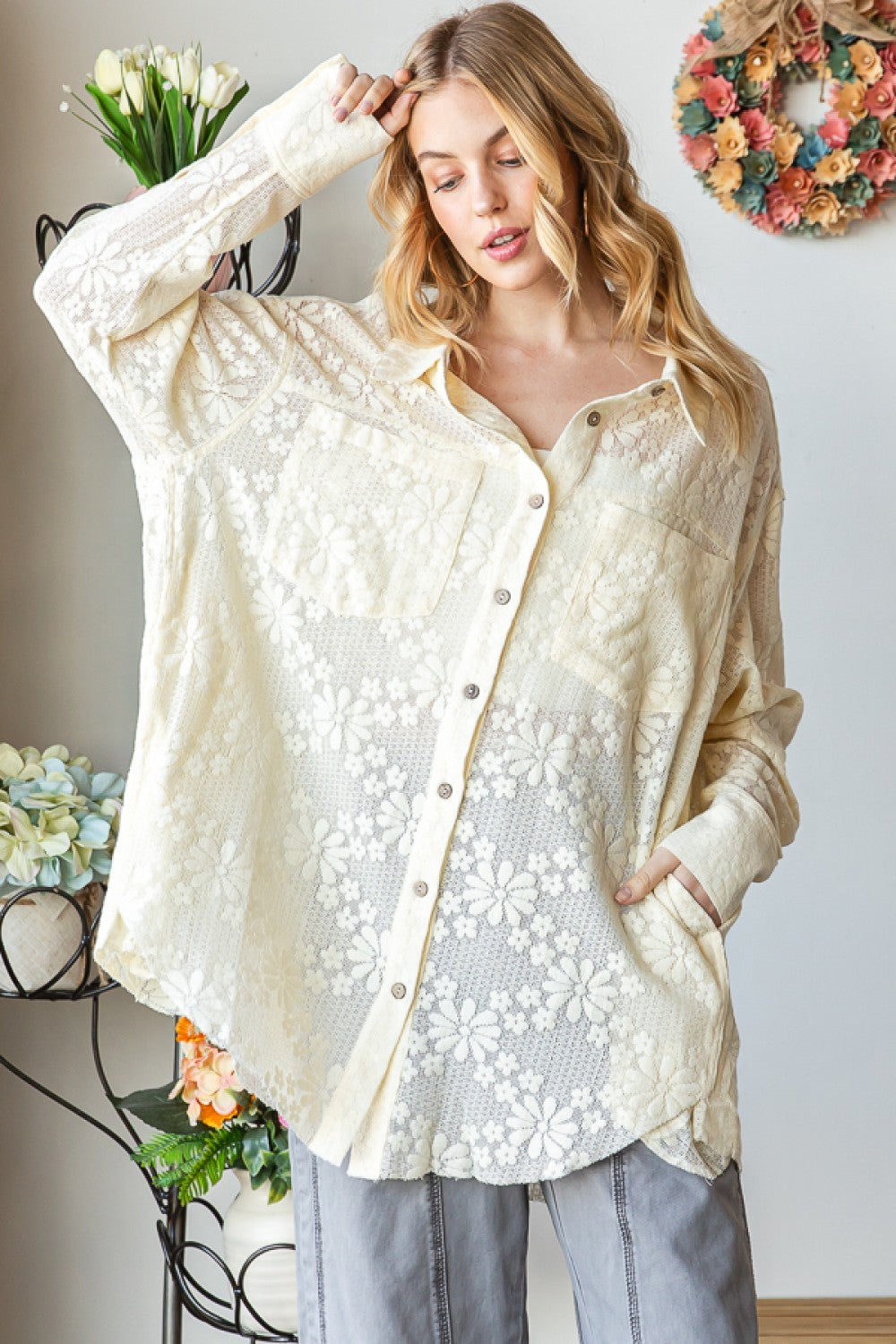 Oli & Hali Mineral Washed Lace Button Front Shirt Top
