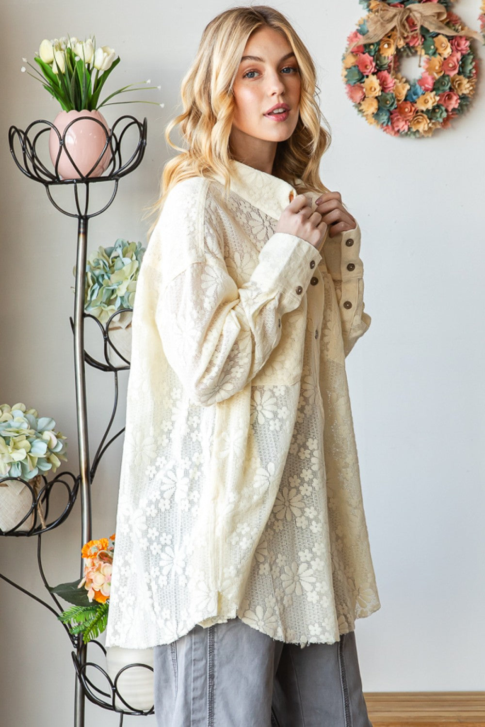 Oli & Hali Mineral Washed Lace Button Front Shirt Top