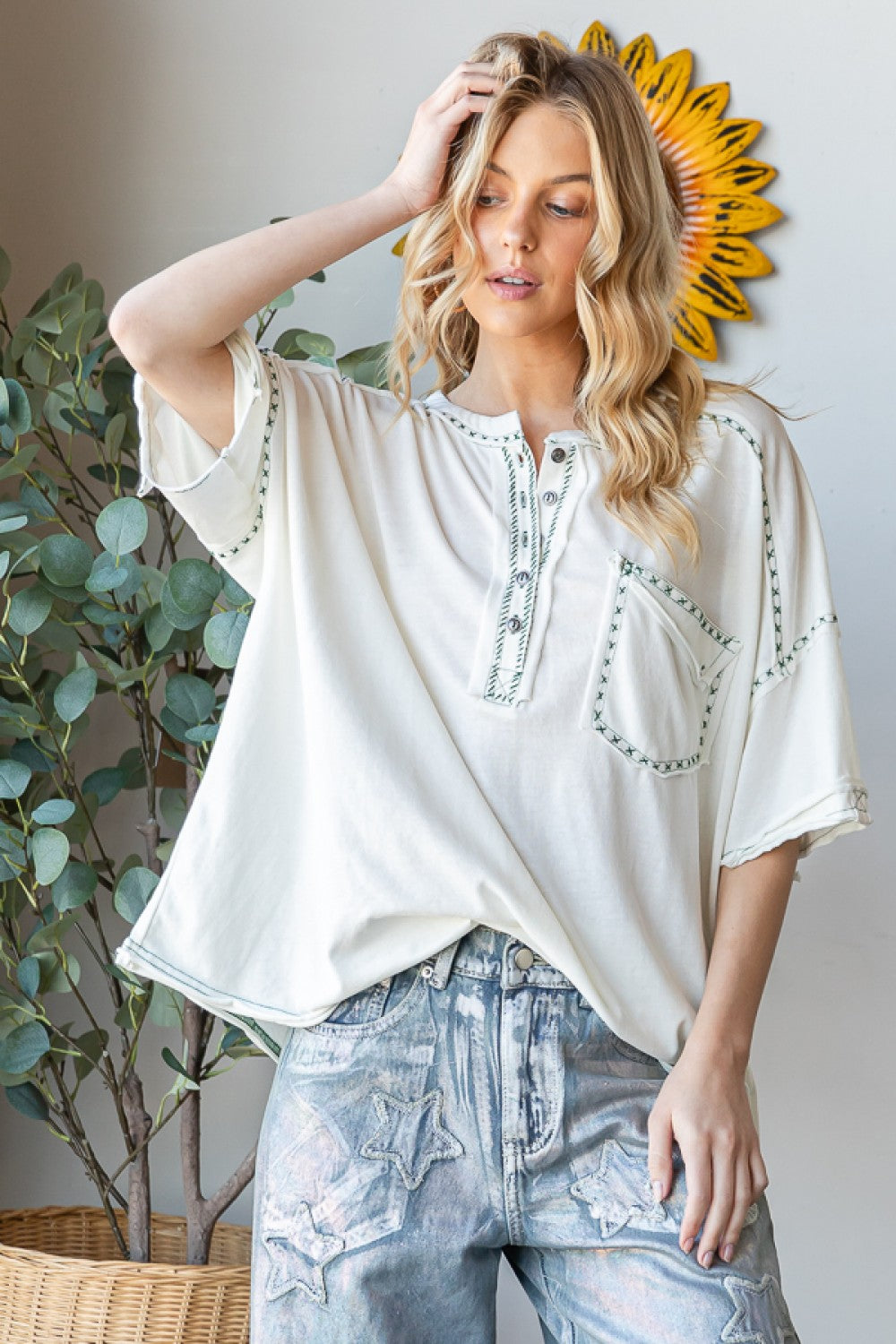 Oli & Hali Contrast Thread Henley Neck Knit Tee Top