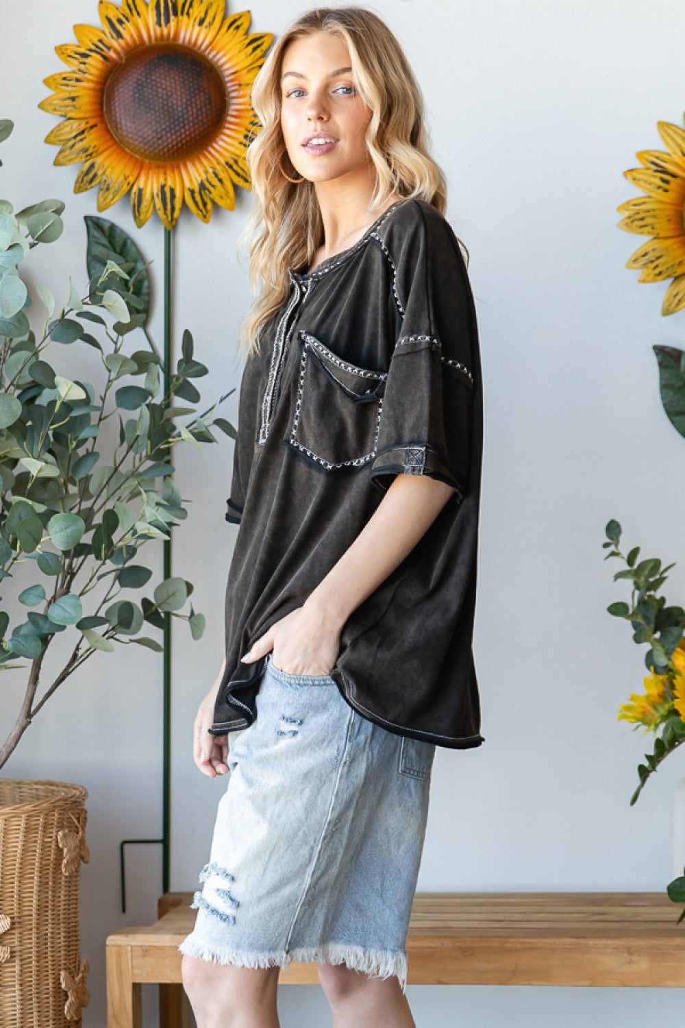 Oli & Hali Contrast Thread Henley Neck Knit Tee Top