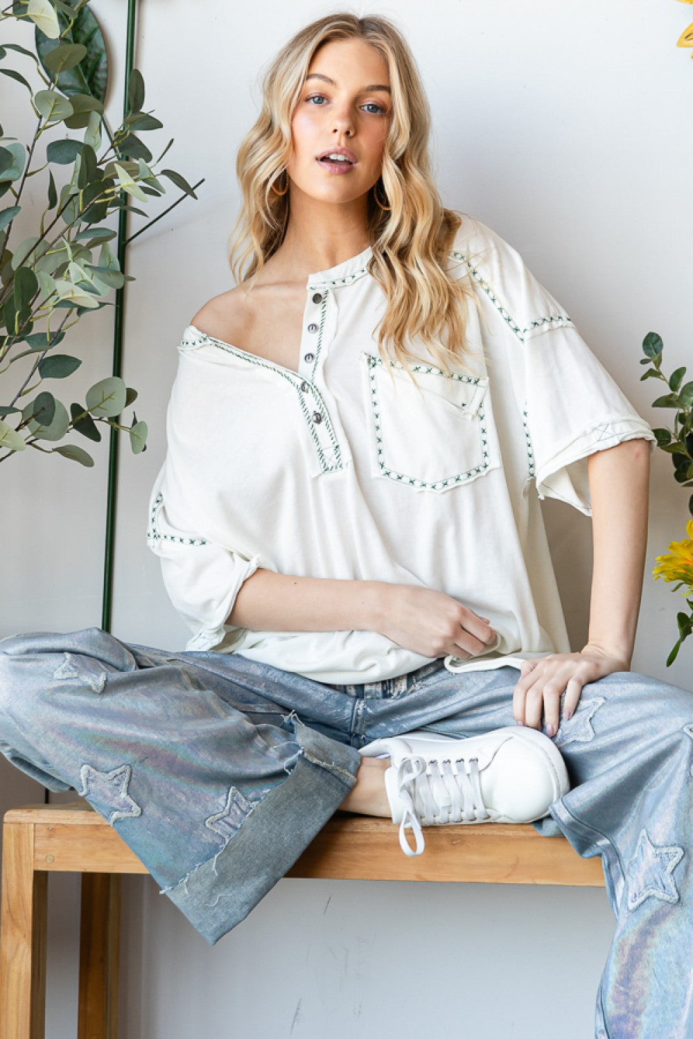 Oli & Hali Contrast Thread Henley Neck Knit Tee Top