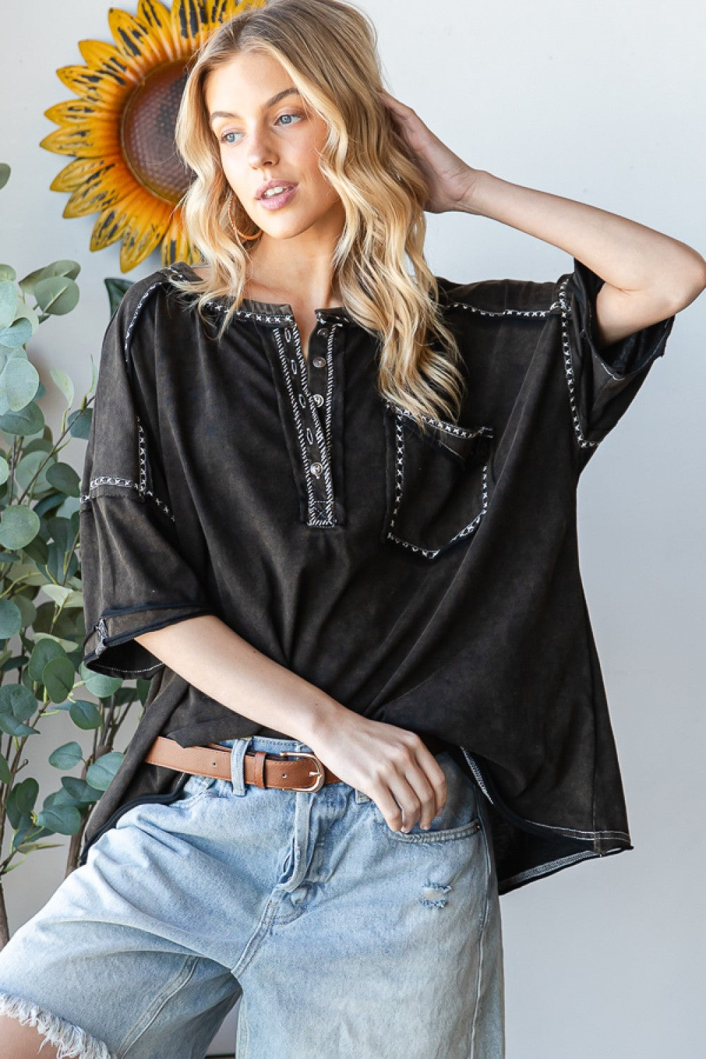 Oli & Hali Contrast Thread Henley Neck Knit Tee Top