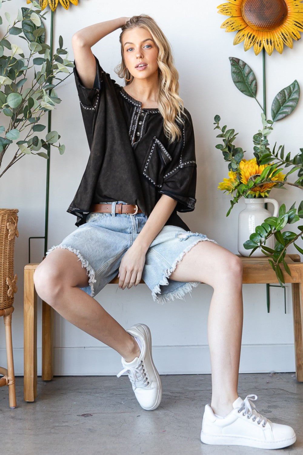 Oli & Hali Contrast Thread Henley Neck Knit Tee Top