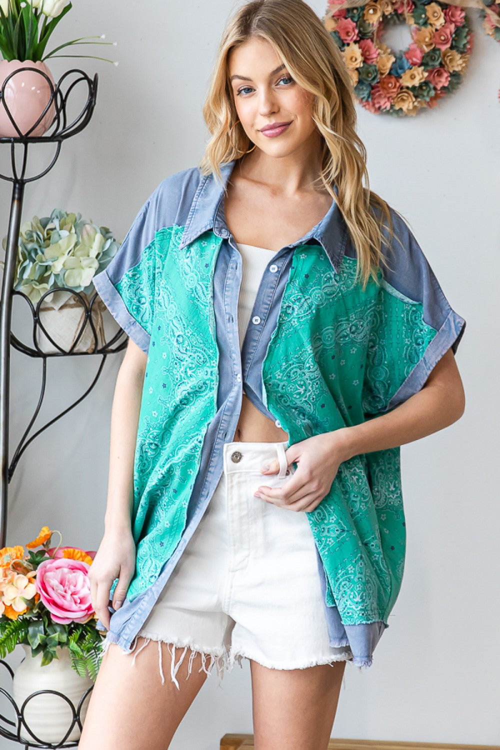 Oli & Hali Washed Scarf Print Button Front Shirt Top